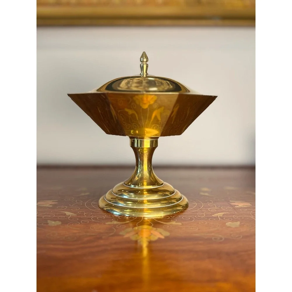 Vintage Solid Brass Lidded Pedestal Bowl • Octagonal Compote